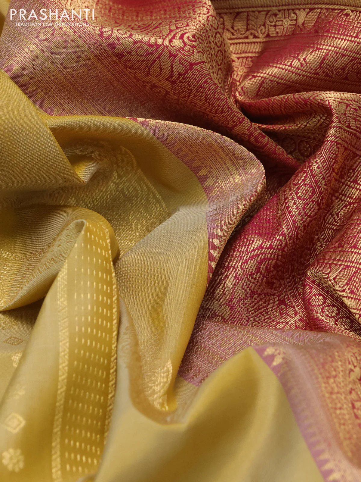 Pure kanchipuram silk saree pale yellow shade and dark pink with allover zari weaves & buttas and zari woven korvai border - Image 3