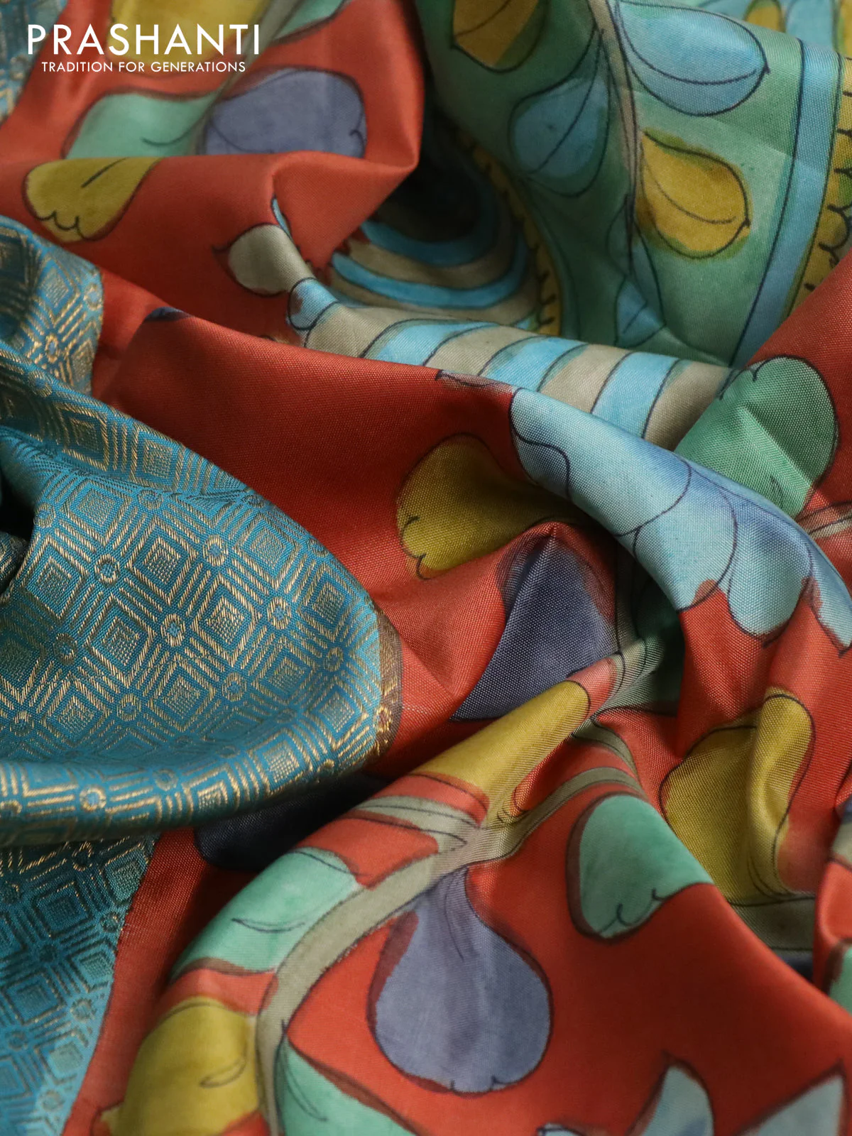 Pure kanchipuram silk saree pastel blue and rustic orange with allover zari woven geometric brocade weaves and kalamkari printed pallu & border - Image 3
