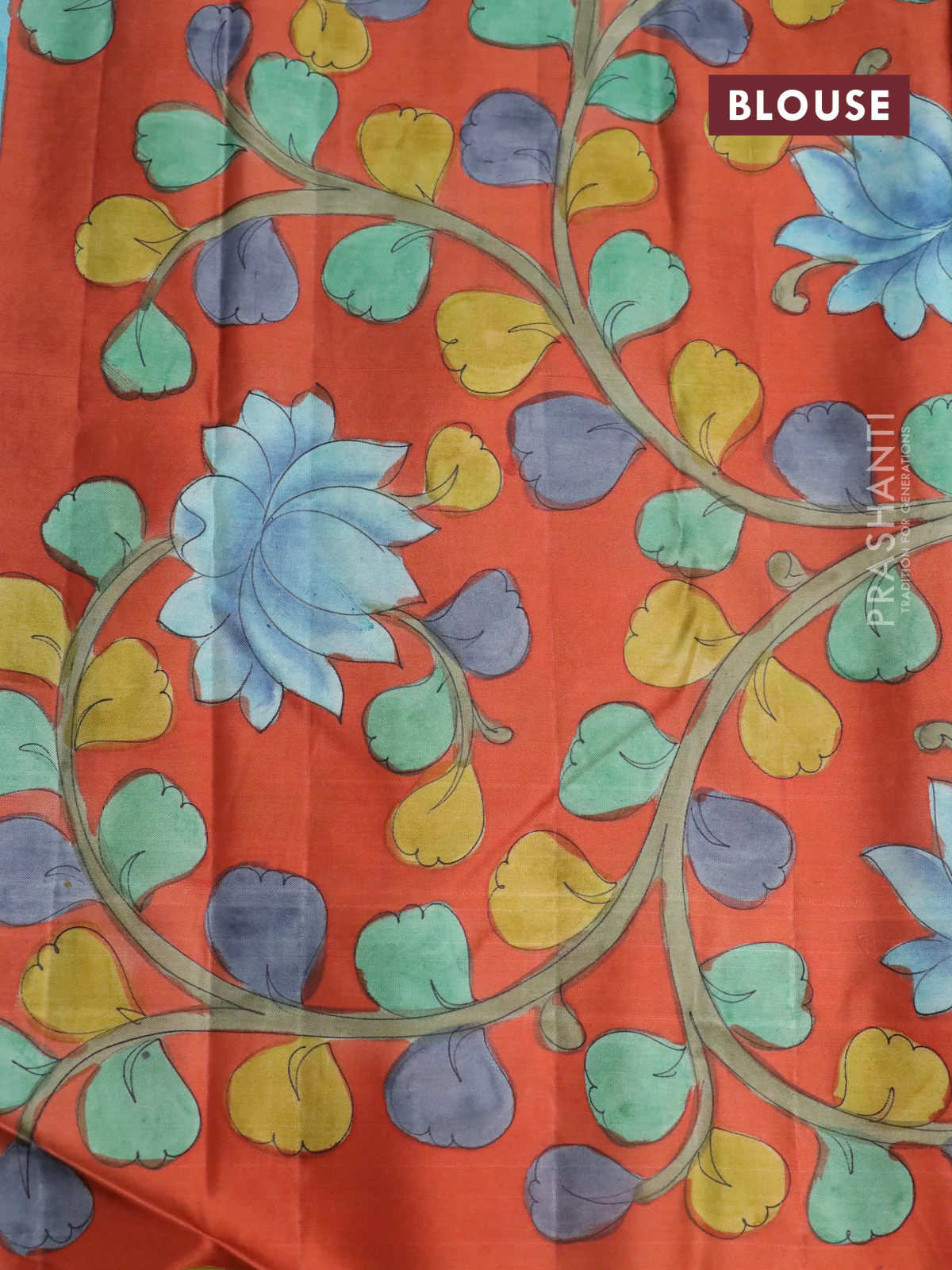 Pure kanchipuram silk saree pastel blue and rustic orange with allover zari woven geometric brocade weaves and kalamkari printed pallu & border - Image 4