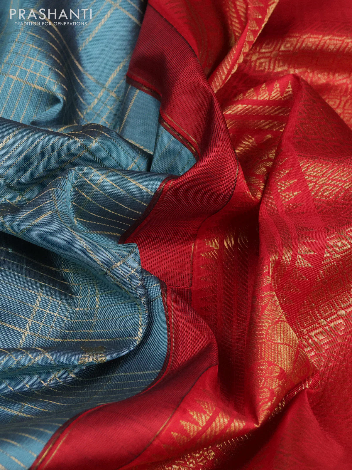 Pure kanchipuram silk saree pastel blue shade and red with allover zari checks & buttas and long zari woven border - Image 3