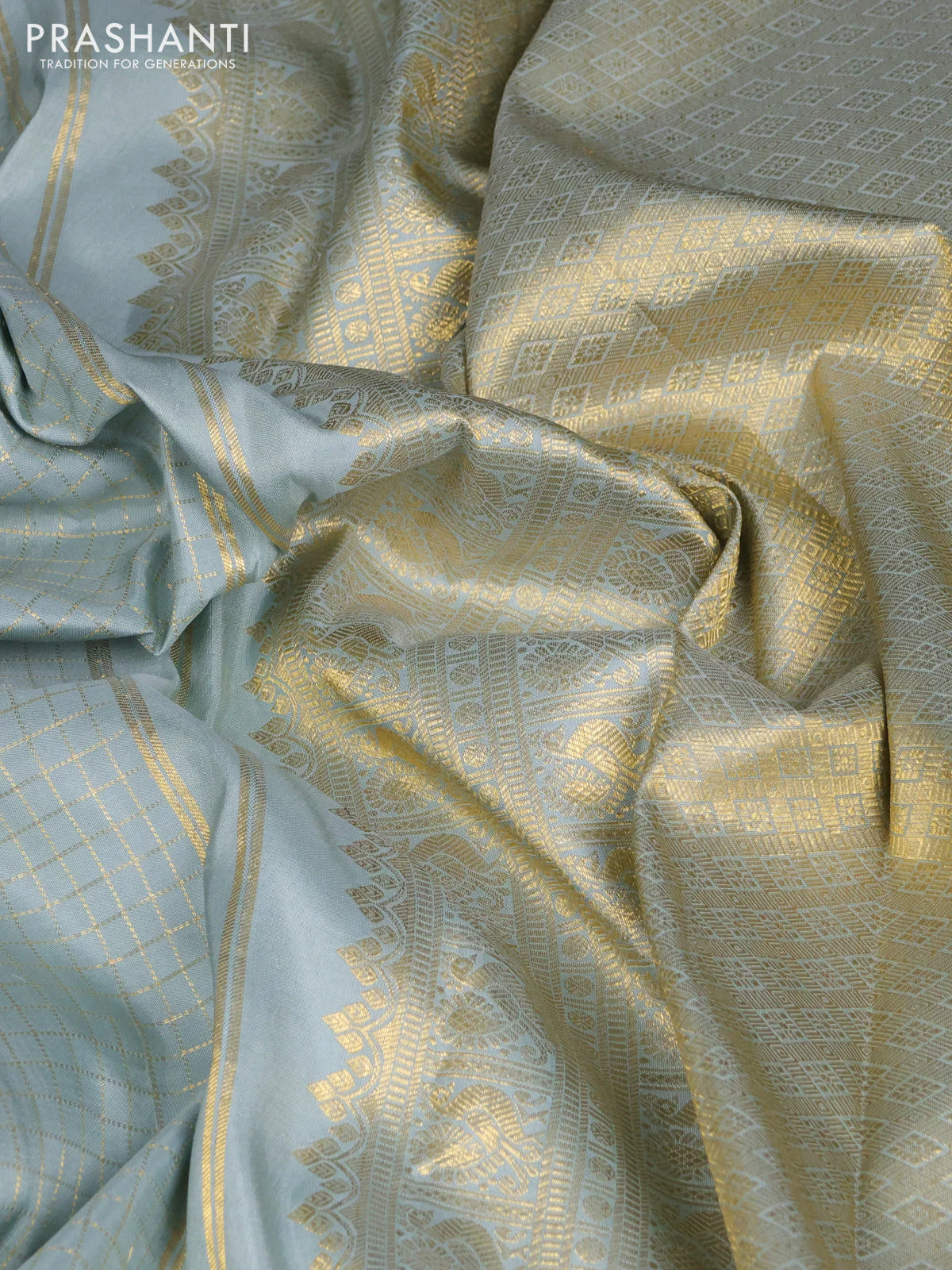 Pure kanchipuram silk saree pastel blue shade with allover zari woven checked pattern and long rettapet zari woven border - Image 3