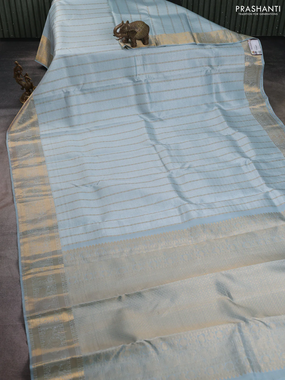 Pure kanchipuram silk saree pastel blue with allover self emboss & zari weaves and rich zari woven border - Image 2