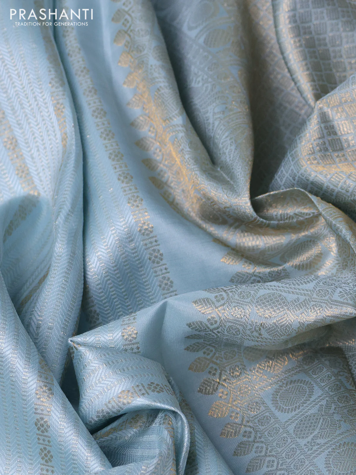 Pure kanchipuram silk saree pastel blue with allover self emboss & zari weaves and rich zari woven border - Image 3