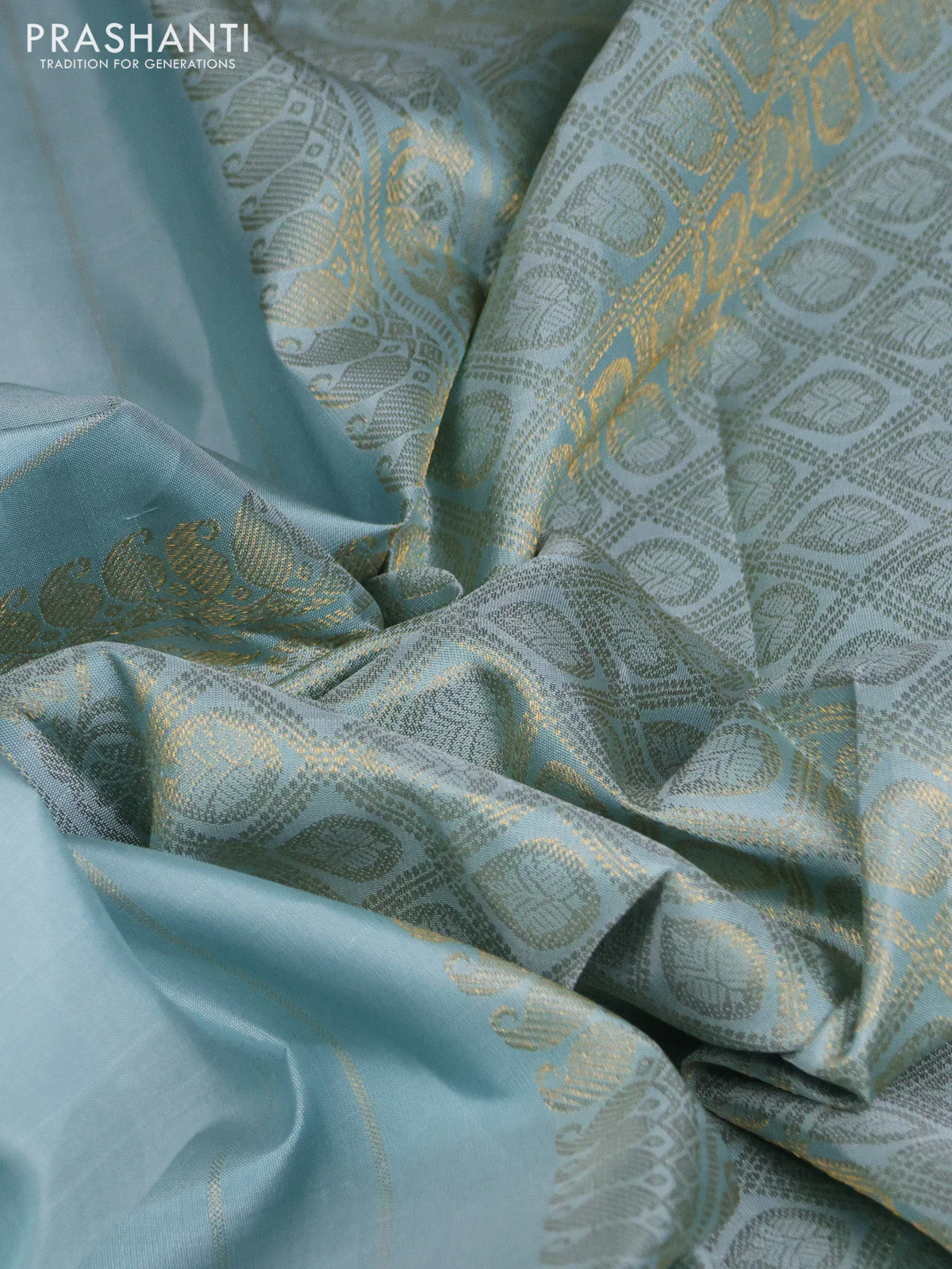 Pure kanchipuram silk saree pastel blue with zari woven buttas and rich zari woven border - Image 4