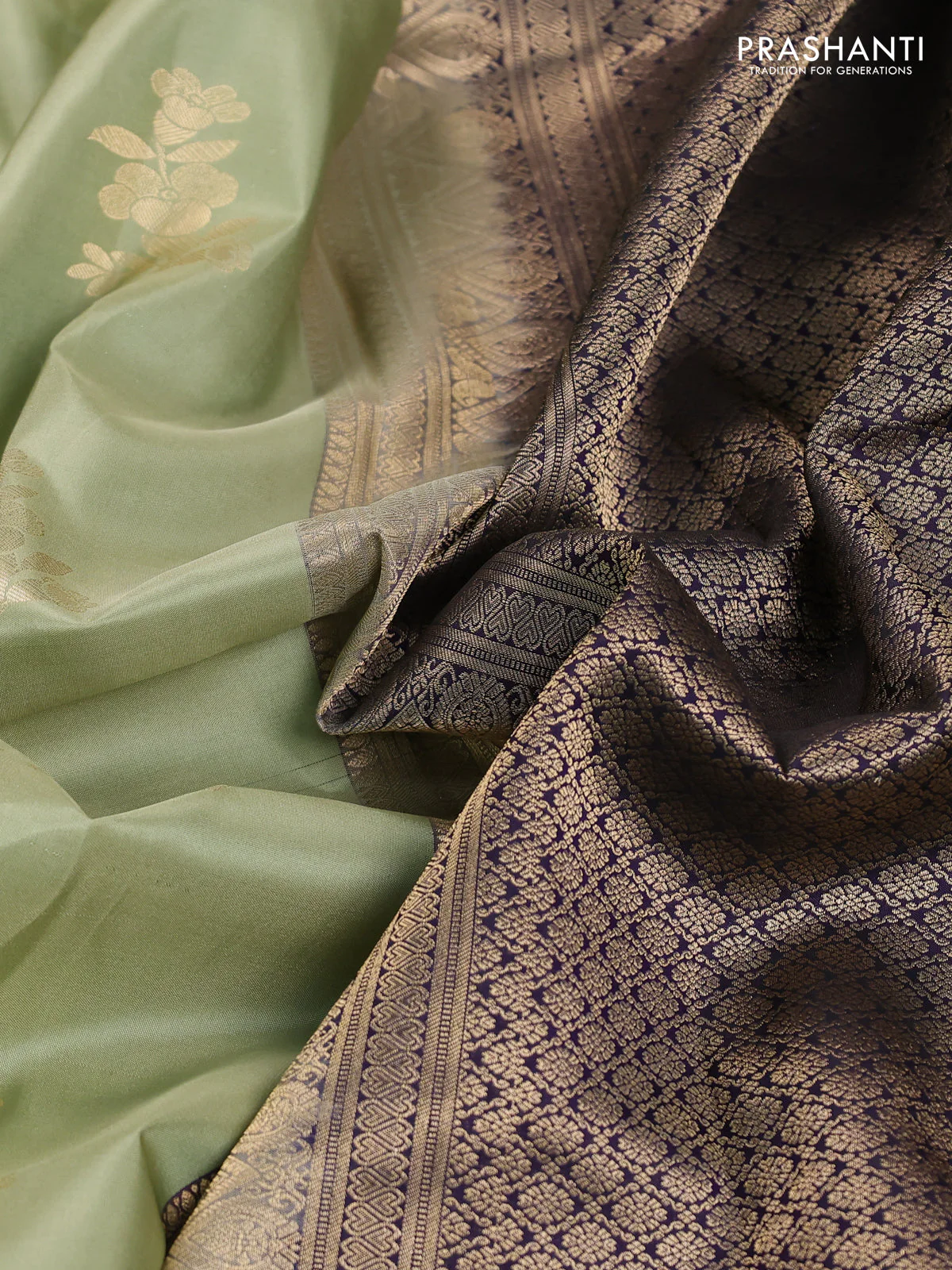 Pure kanchipuram silk saree pastel green and black with allover zari weaves & buttas and long zari woven korvai border - Image 3