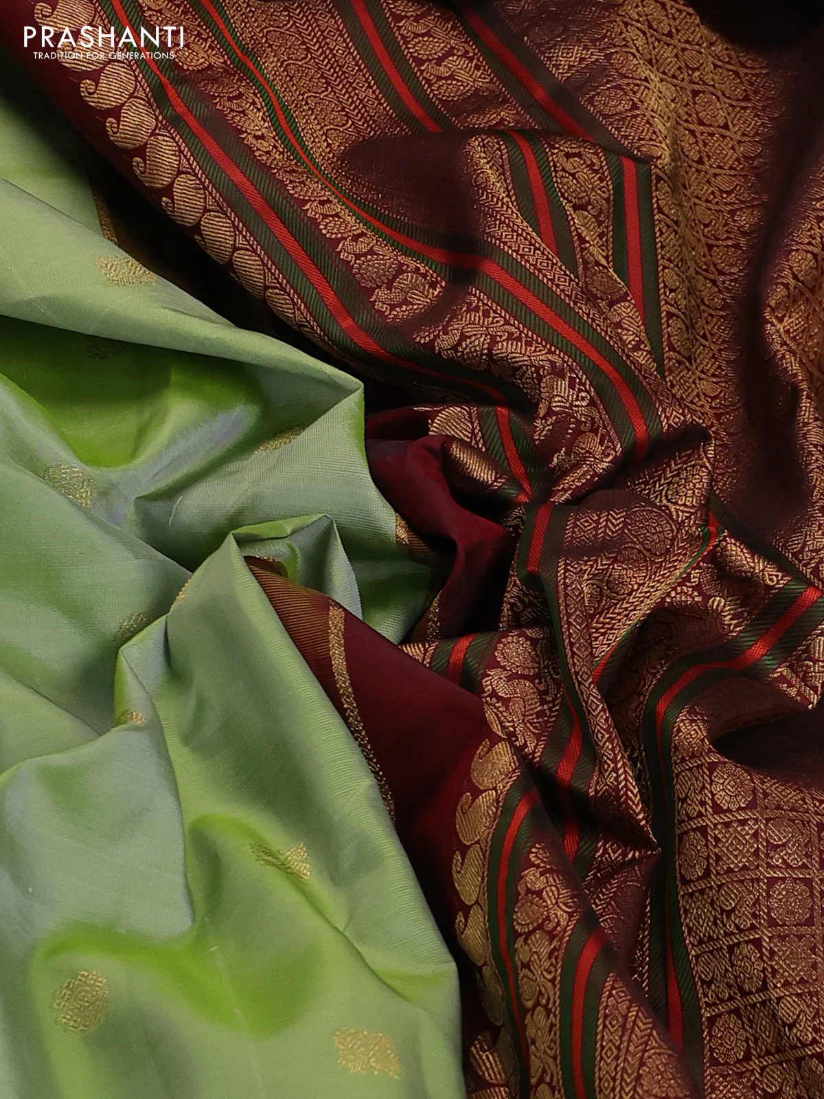 Pure kanchipuram silk saree pastel green and deep maroon with zari woven buttas and rich zari woven korvai border - Image 3