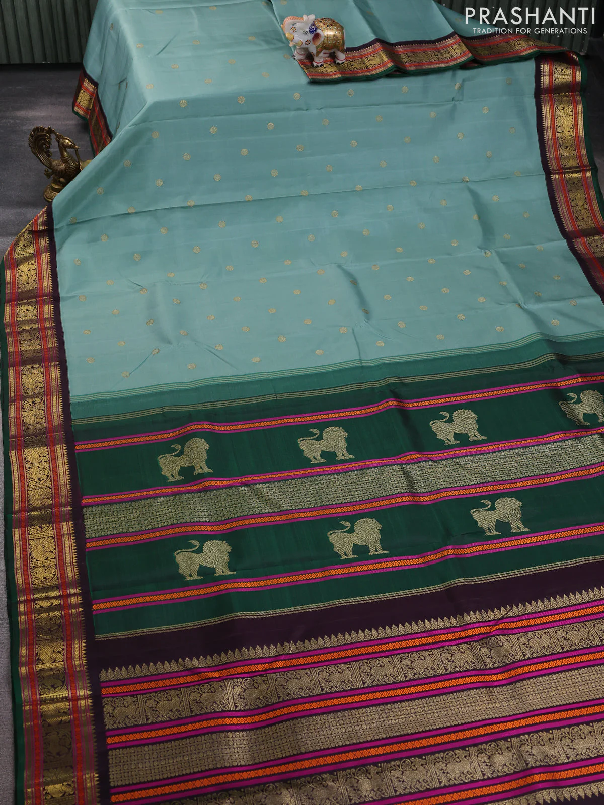 Pure kanchipuram silk saree pastel green and green coffee brown with zari woven buttas and zari woven korvai border - Image 2