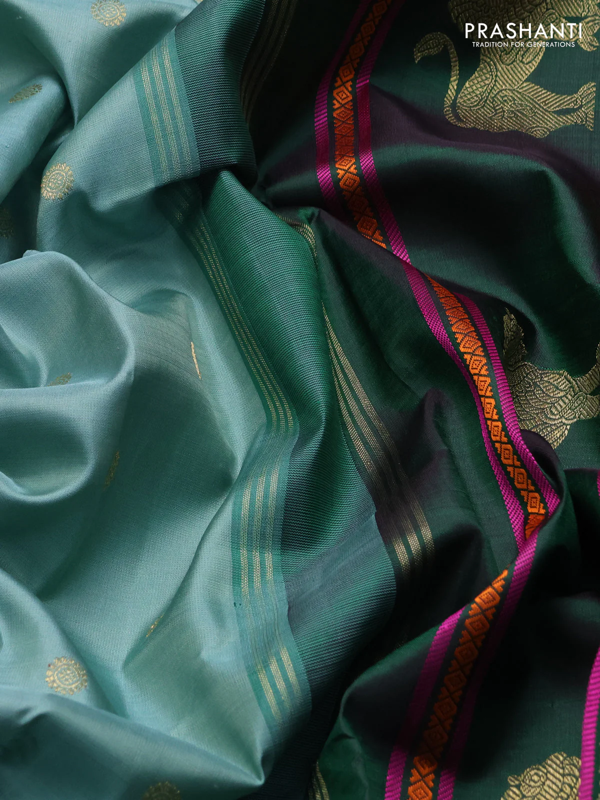 Pure kanchipuram silk saree pastel green and green coffee brown with zari woven buttas and zari woven korvai border - Image 3