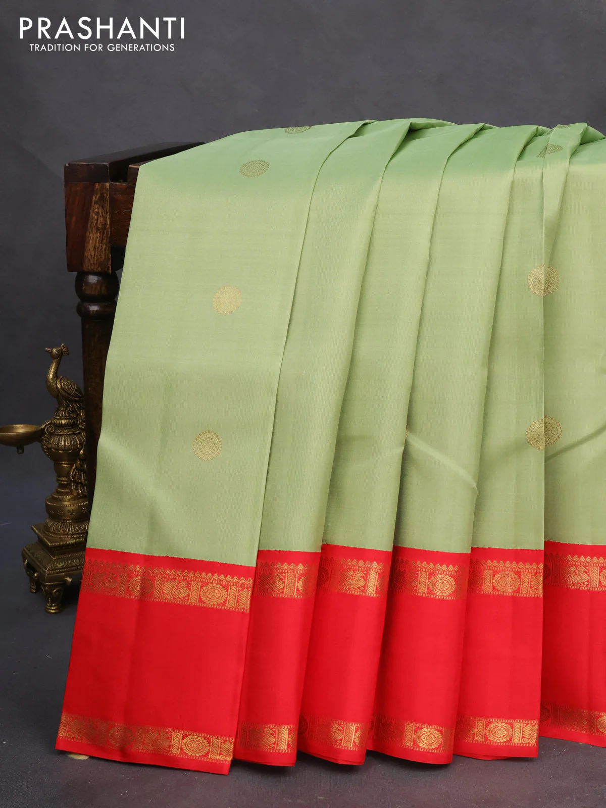 Pure kanchipuram silk saree pastel green and red with annam zari woven buttas and rettapet zari woven border - Image 2