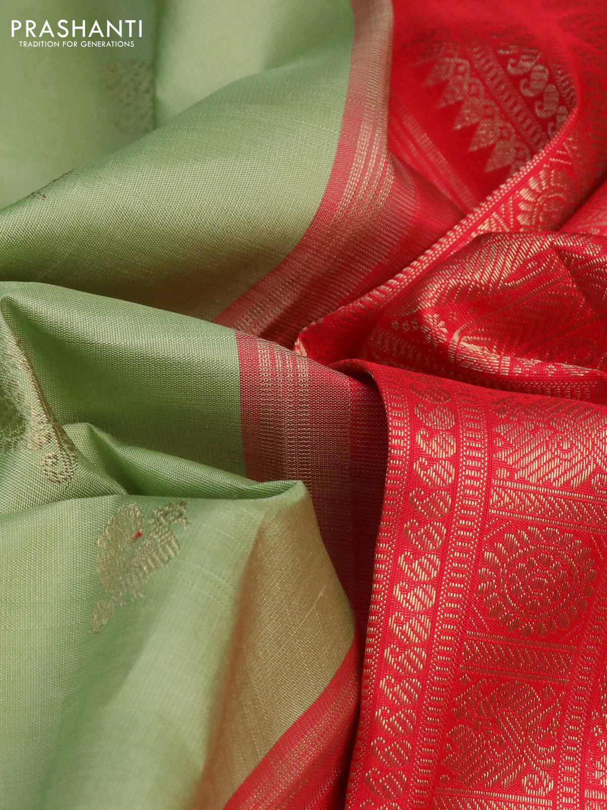 Pure kanchipuram silk saree pastel green and red with annam zari woven buttas and rettapet zari woven border - Image 4