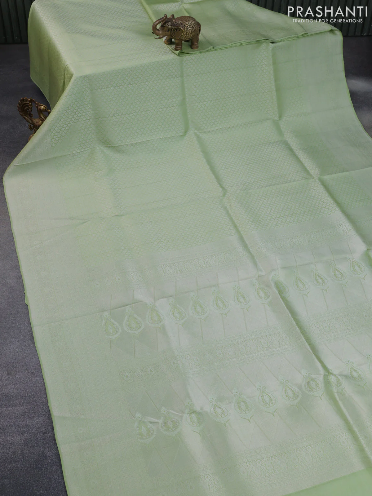 Pure kanchipuram silk saree pastel green with allover silver zari woven brocade weaves and silver zari woven border & embroidery work blouse - Image 2