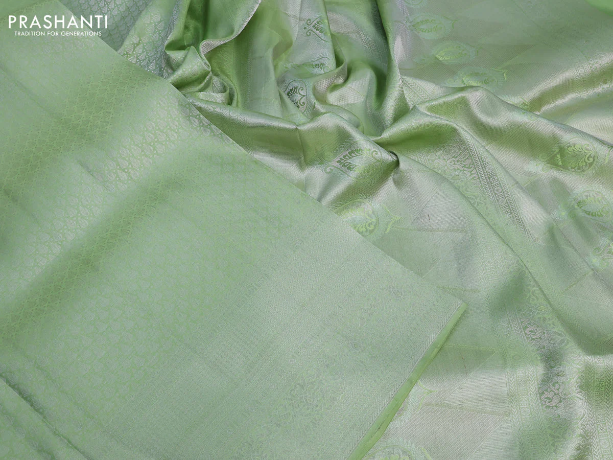 Pure kanchipuram silk saree pastel green with allover silver zari woven brocade weaves and silver zari woven border & embroidery work blouse - Image 3