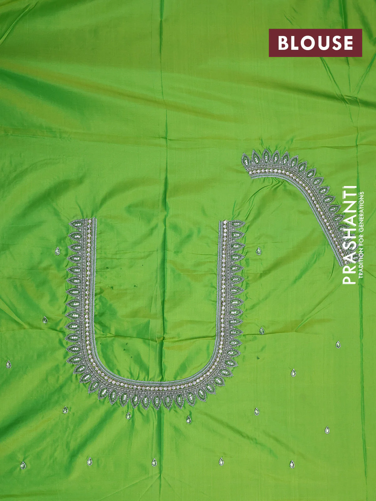 Pure kanchipuram silk saree pastel green with allover silver zari woven brocade weaves and silver zari woven border & embroidery work blouse - Image 4