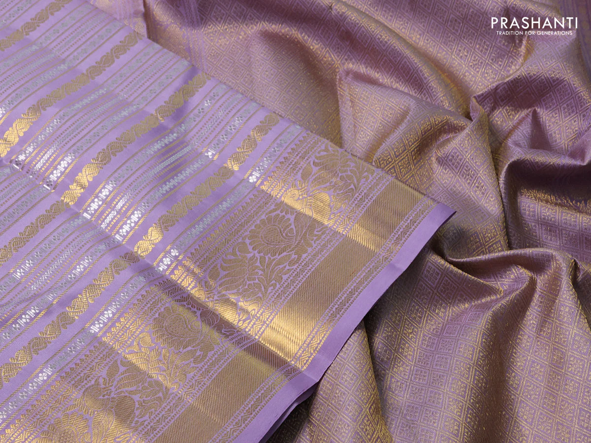 Pure kanchipuram silk saree pastel lavender with allover veldhari zari weaves and rich zari woven border - Image 3
