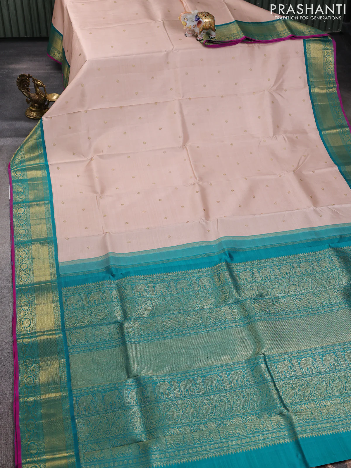 Pure kanchipuram silk saree pastel orange and teal green with zari woven buttas and zari woven korvai border - Image 2