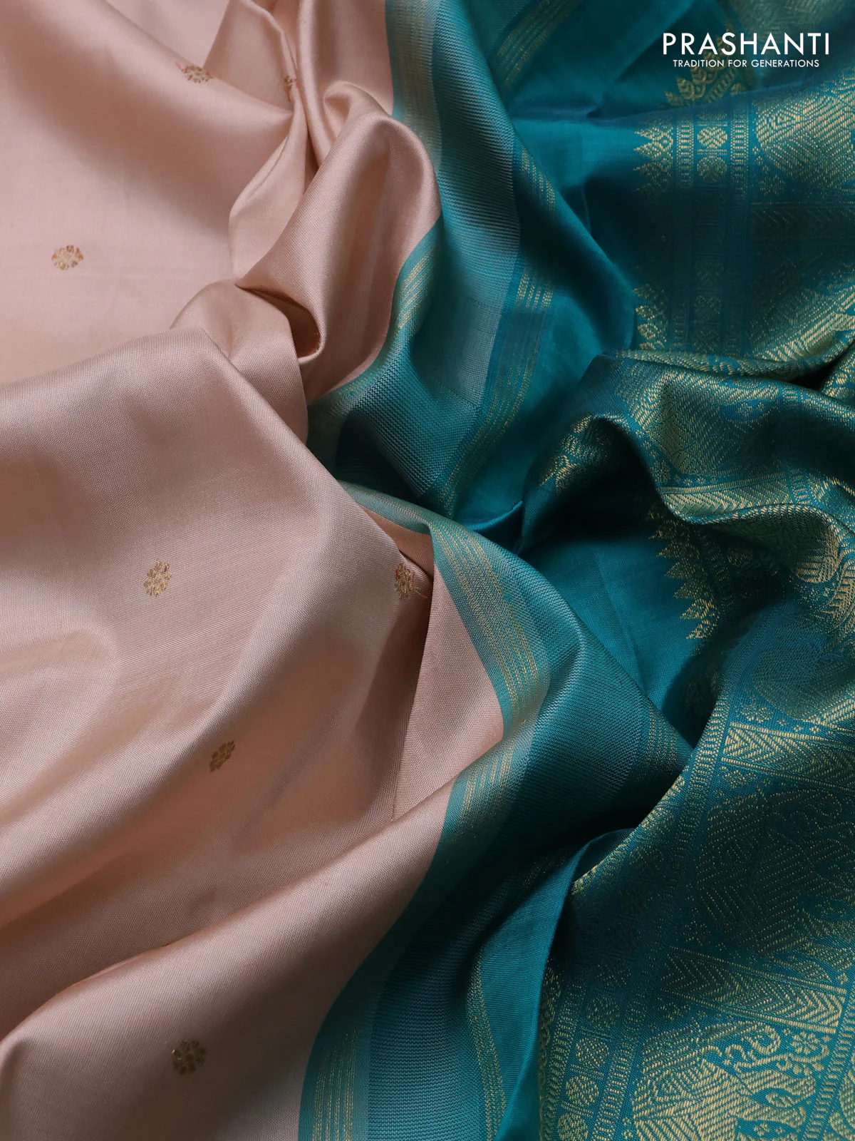 Pure kanchipuram silk saree pastel orange and teal green with zari woven buttas and zari woven korvai border - Image 3