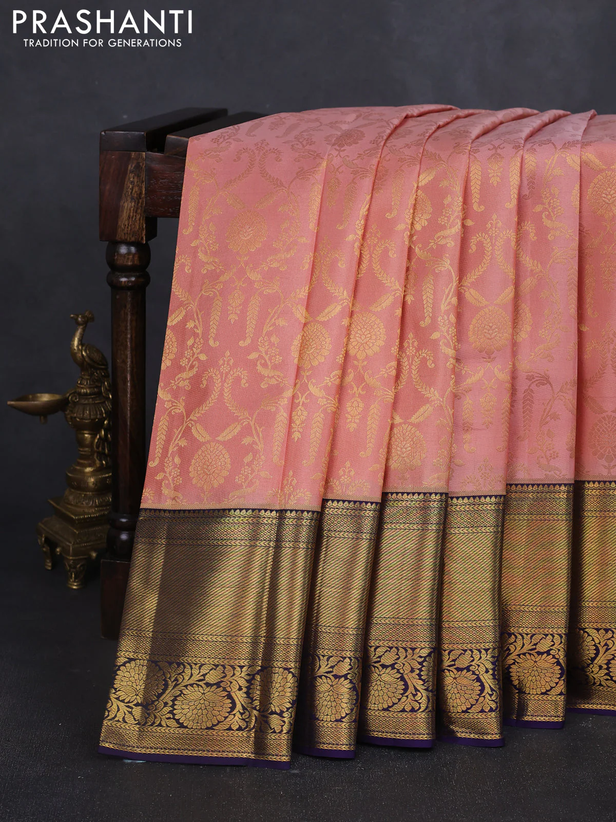 Pure kanchipuram silk saree pastel peach and blue with allover zari woven brocade weaves and long rich zari woven border