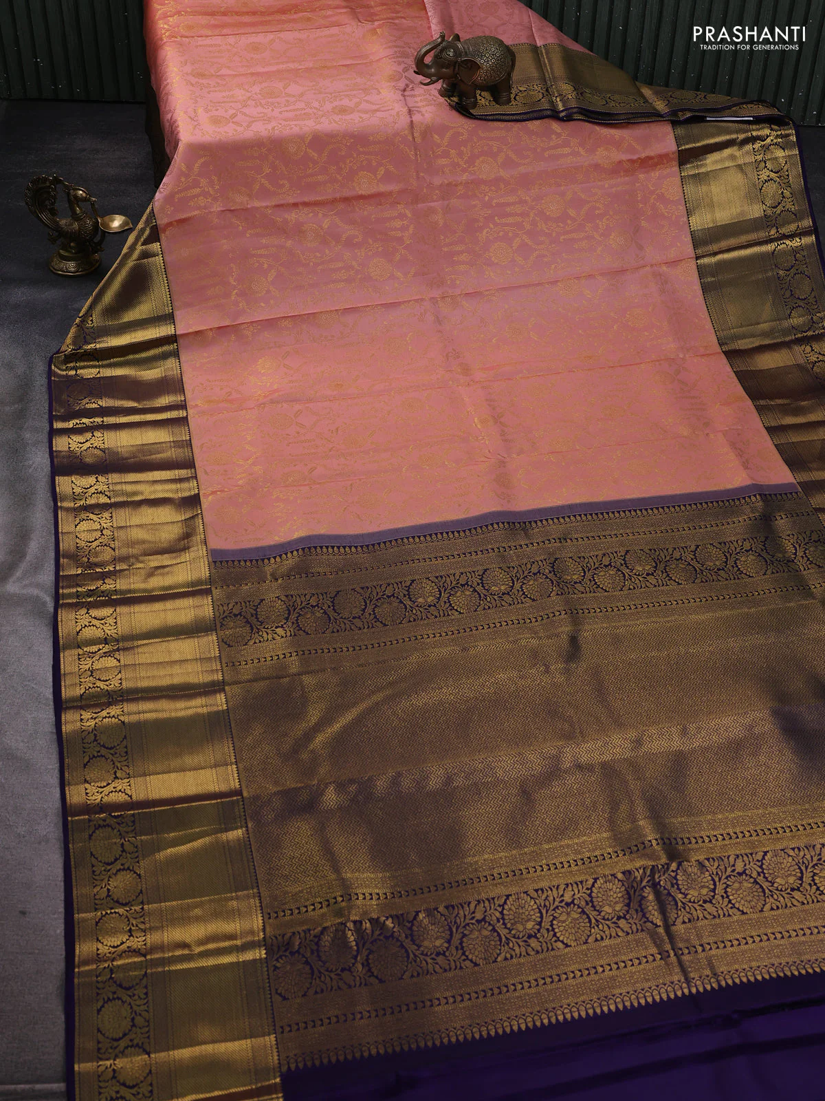 Pure kanchipuram silk saree pastel peach and blue with allover zari woven brocade weaves and long rich zari woven border - Image 2