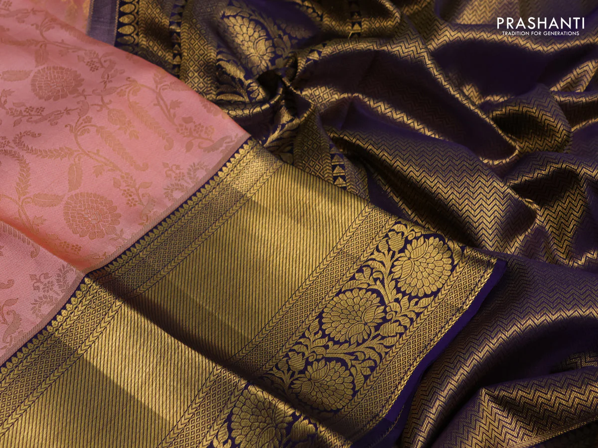 Pure kanchipuram silk saree pastel peach and blue with allover zari woven brocade weaves and long rich zari woven border - Image 3