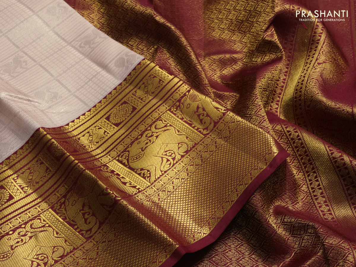 Pure kanchipuram silk saree pastel peach and maroon with allover silver zari woven brocade weaves and long rich zari woven border - Image 3