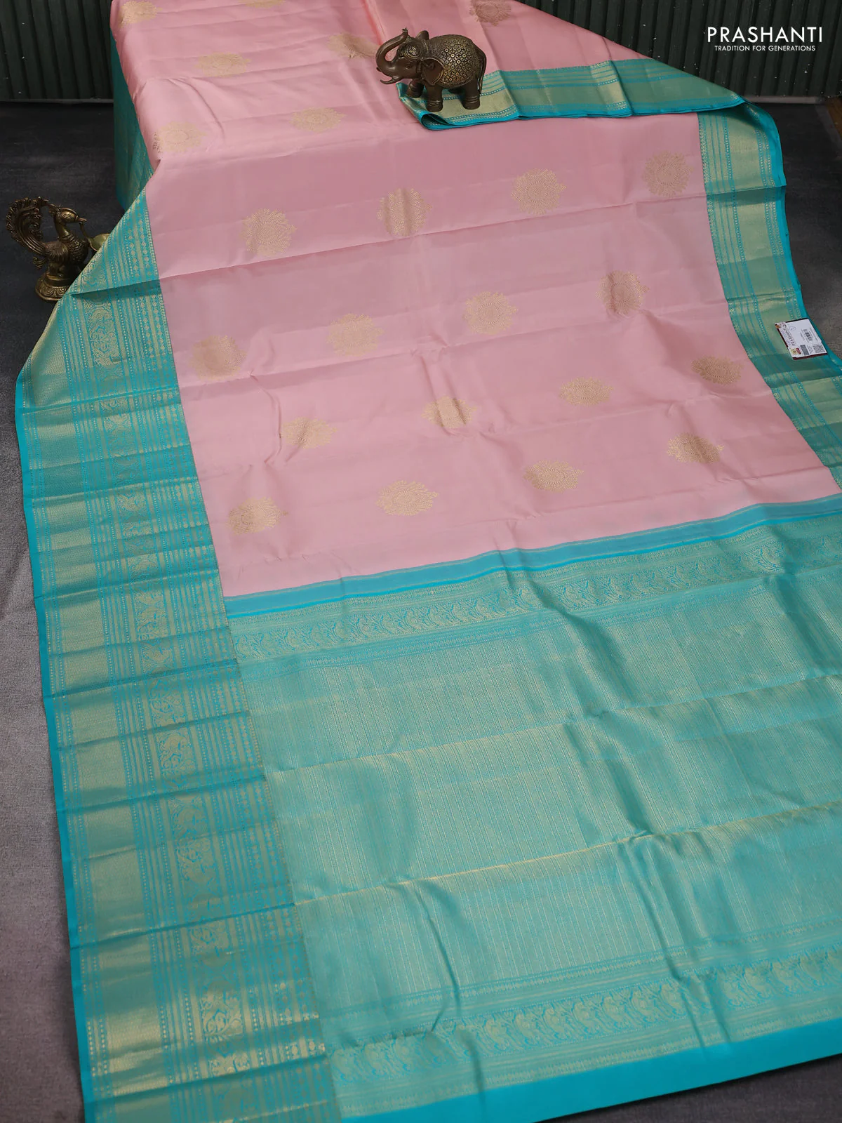 Pure kanchipuram silk saree pastel peach and teal blue with zari woven buttas and long zari woven korvai border - Image 2