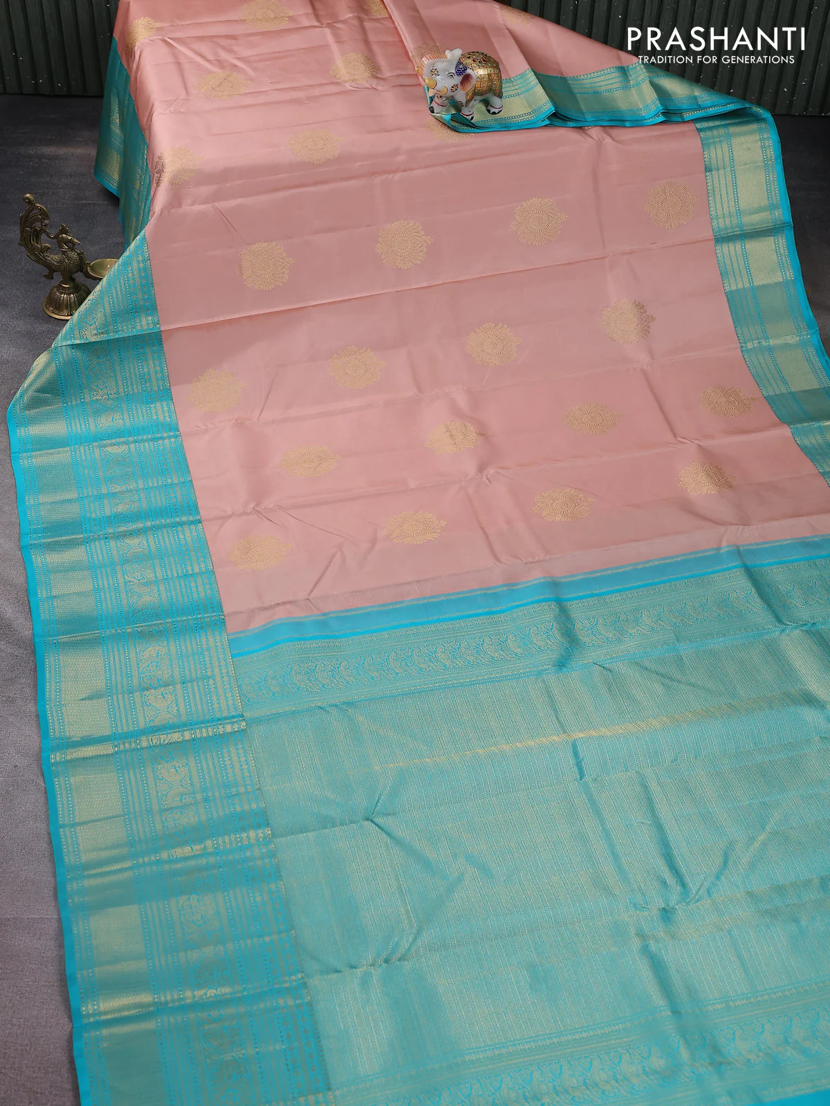Pure kanchipuram silk saree pastel peach and teal blue with zari woven buttas and long zari woven korvai border - Image 2