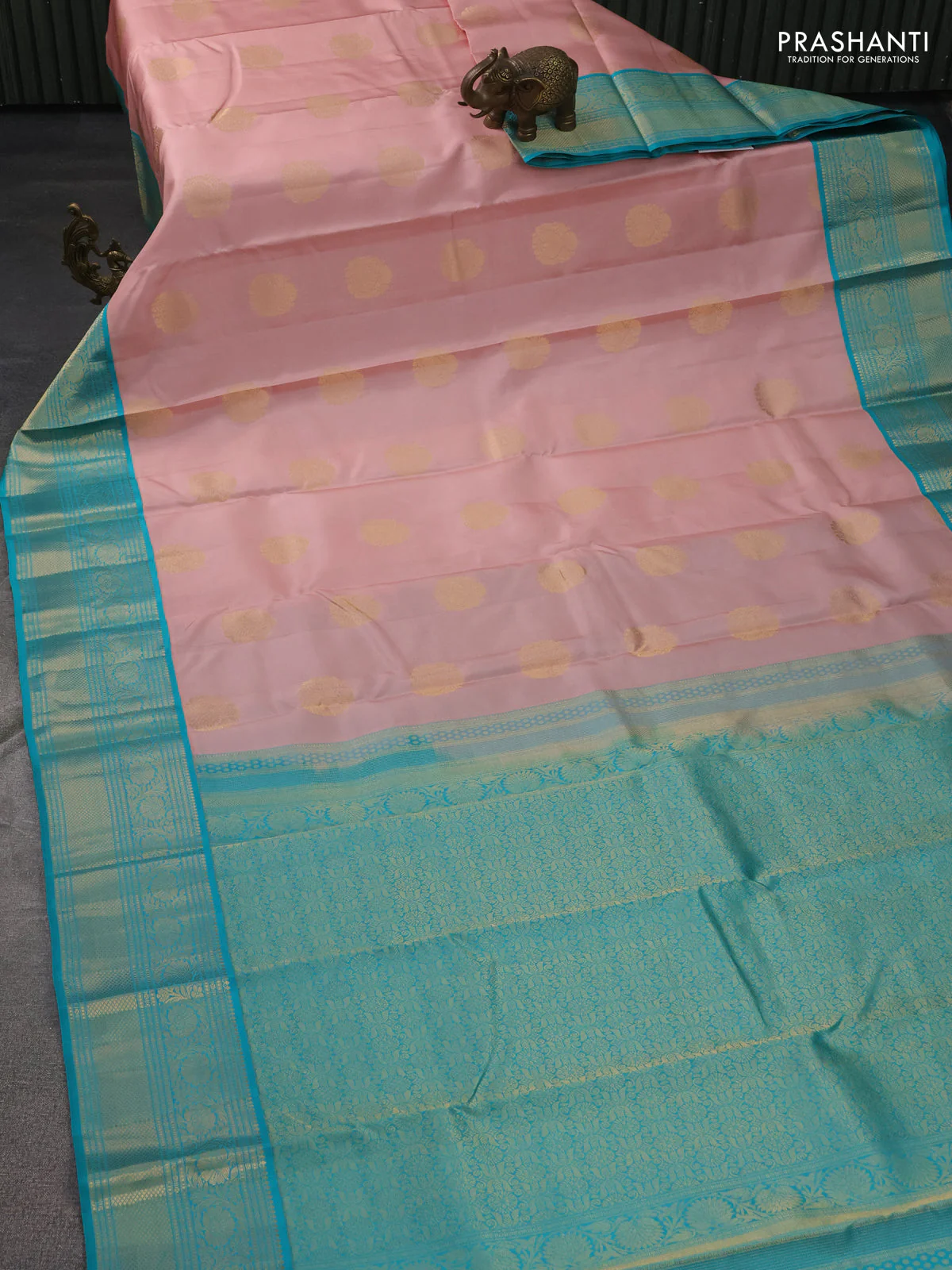 Pure kanchipuram silk saree pastel peach and teal blue with zari woven buttas and zari woven korvai border - Image 2