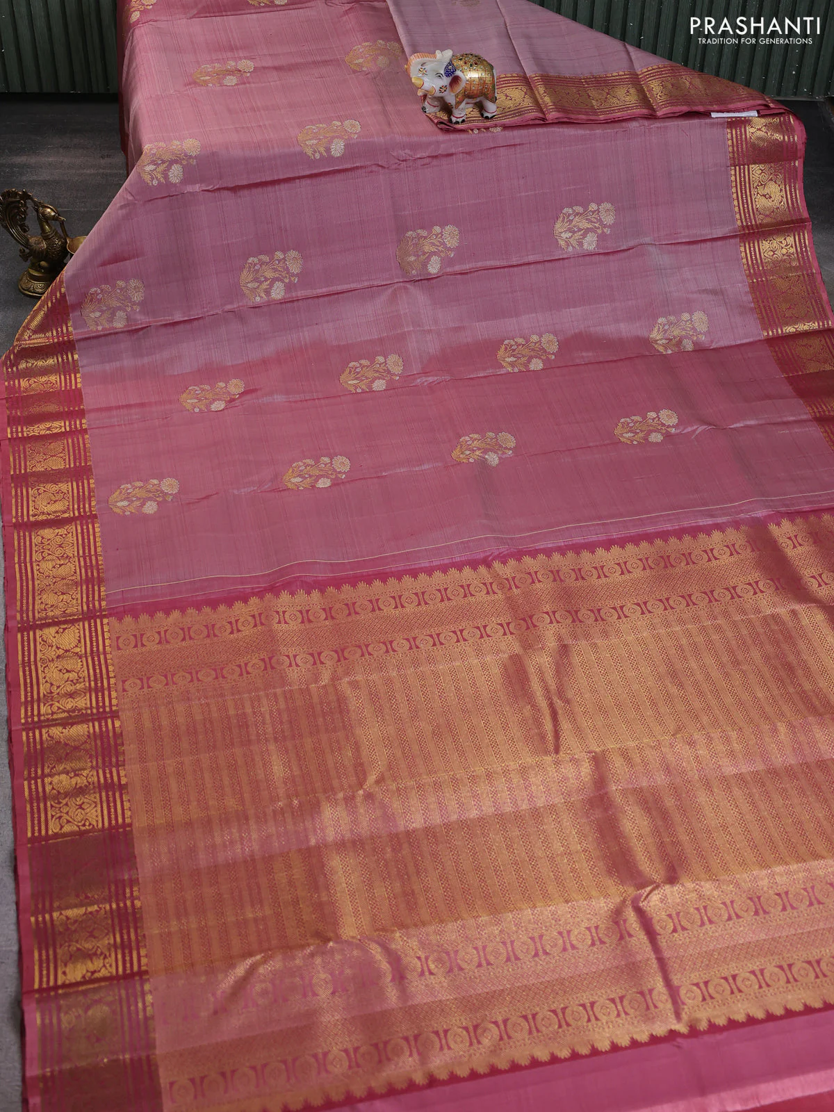 Pure kanchipuram silk saree pastel peach shade and peach shade with floral zari woven buttas and rich zari woven border - Image 2