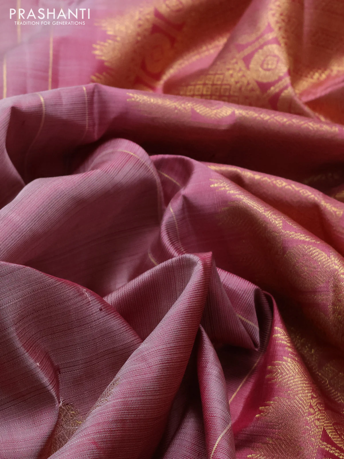 Pure kanchipuram silk saree pastel peach shade and peach shade with floral zari woven buttas and rich zari woven border - Image 3