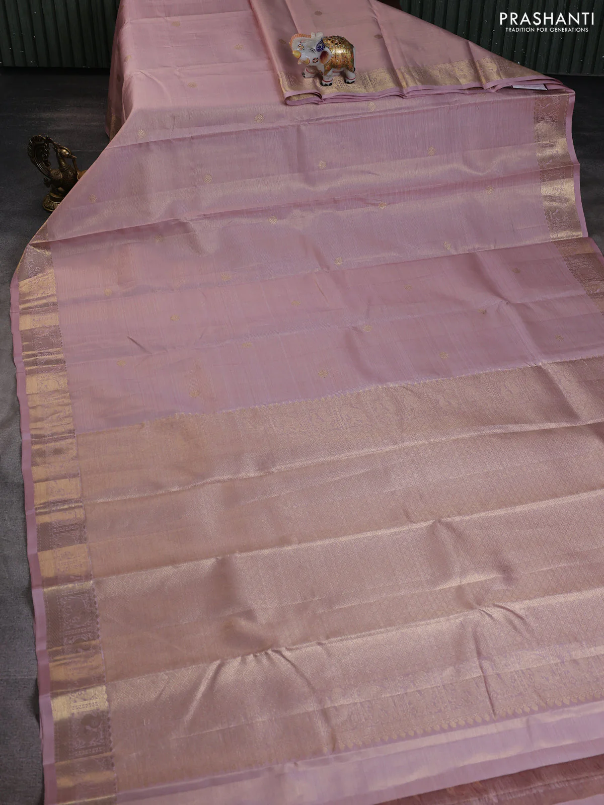 Pure kanchipuram silk saree pastel peach shade with allover zari weaves & buttas and rich zari woven border - Image 2