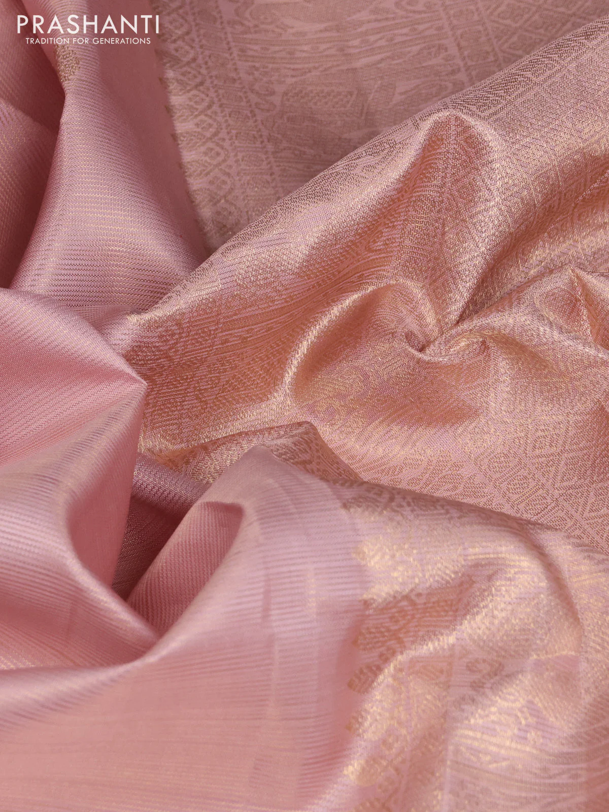Pure kanchipuram silk saree pastel peach shade with allover zari weaves & buttas and rich zari woven border - Image 3