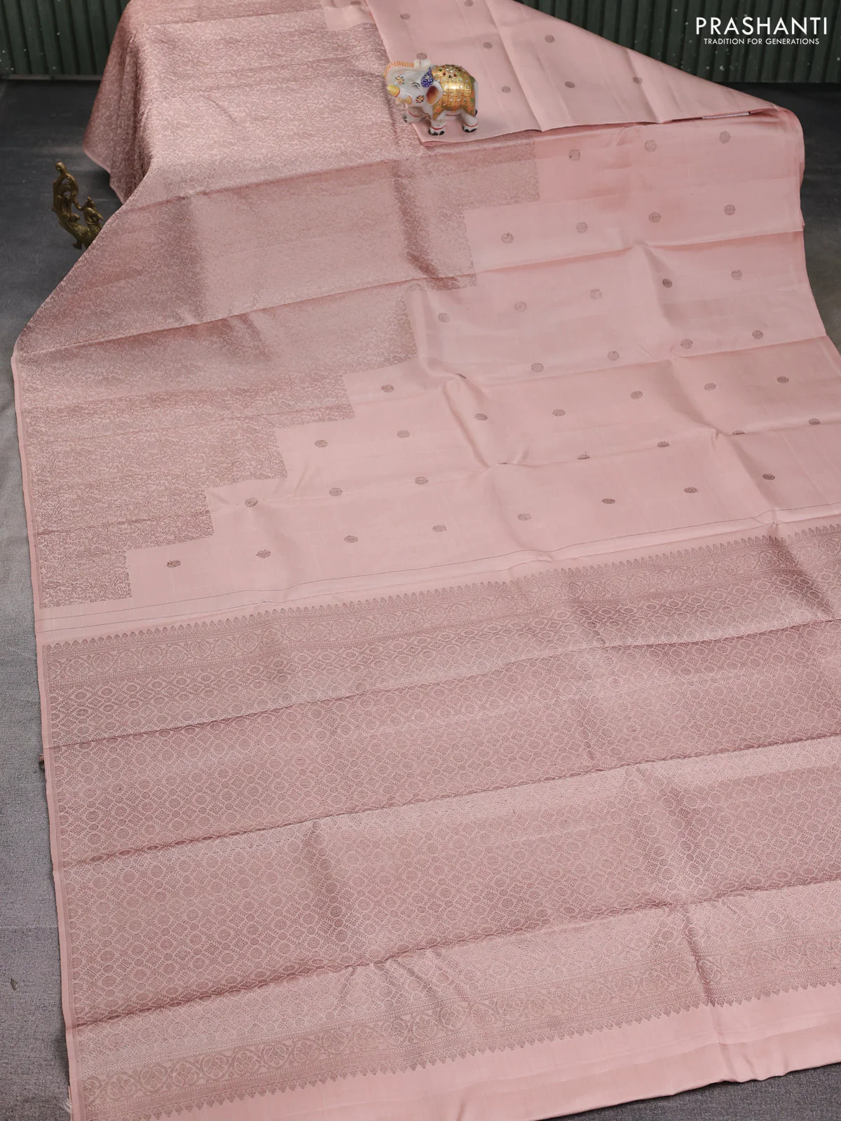 Pure kanchipuram silk saree pastel peach with allover antique zari weaves in borderless style - Image 2