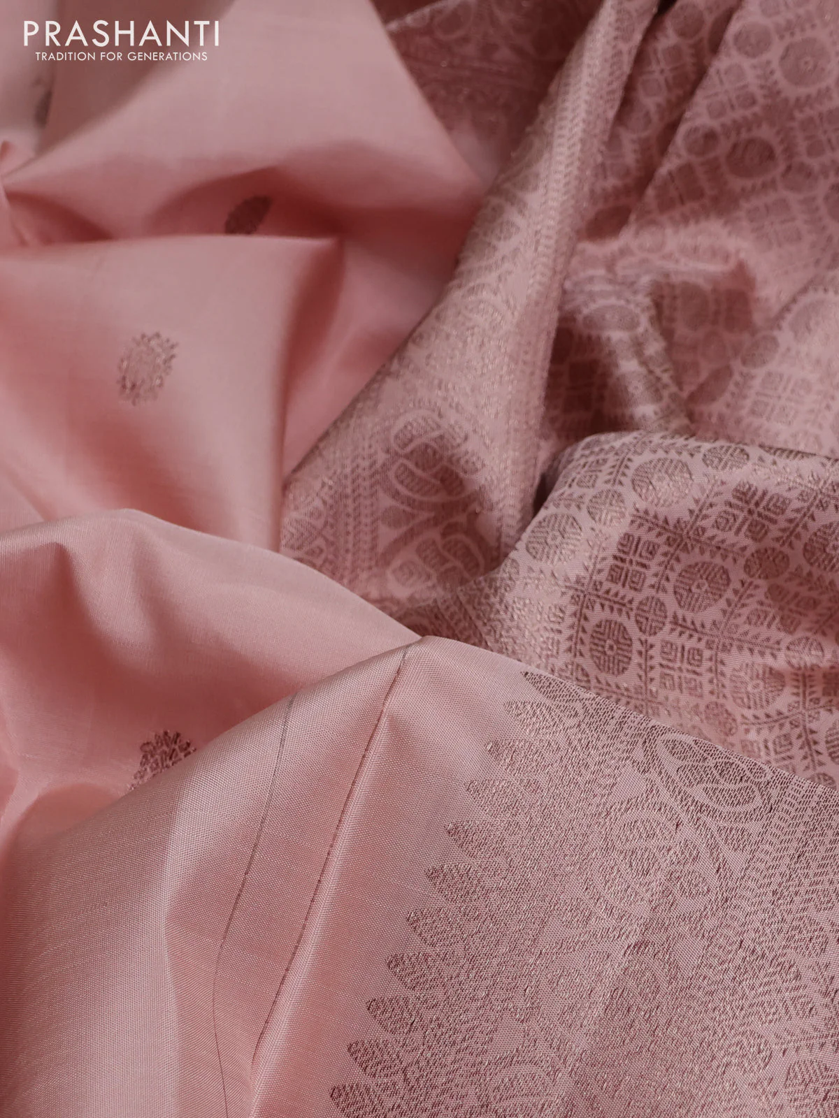 Pure kanchipuram silk saree pastel peach with allover antique zari weaves in borderless style - Image 3