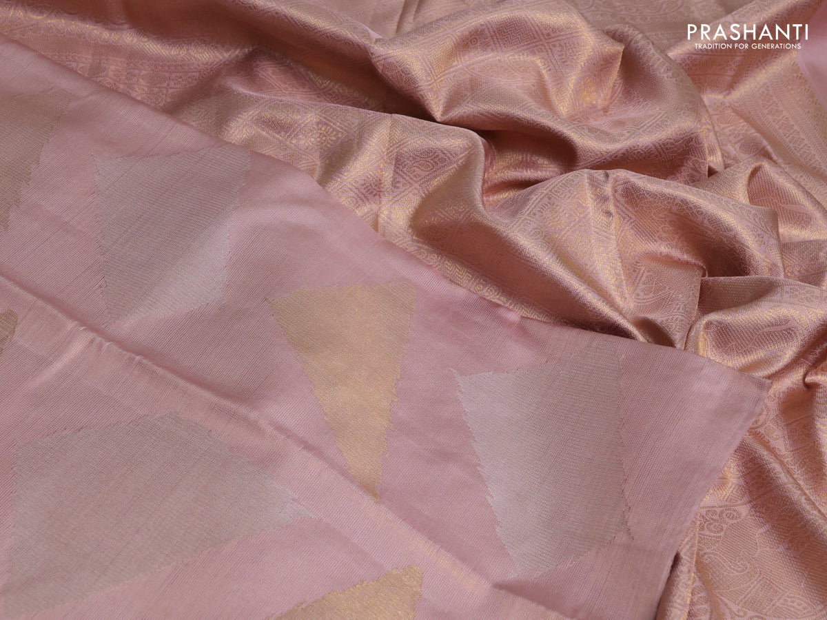 Pure kanchipuram silk saree pastel peach with allover zari woven geometric brocade weaves in borderless style - Image 3