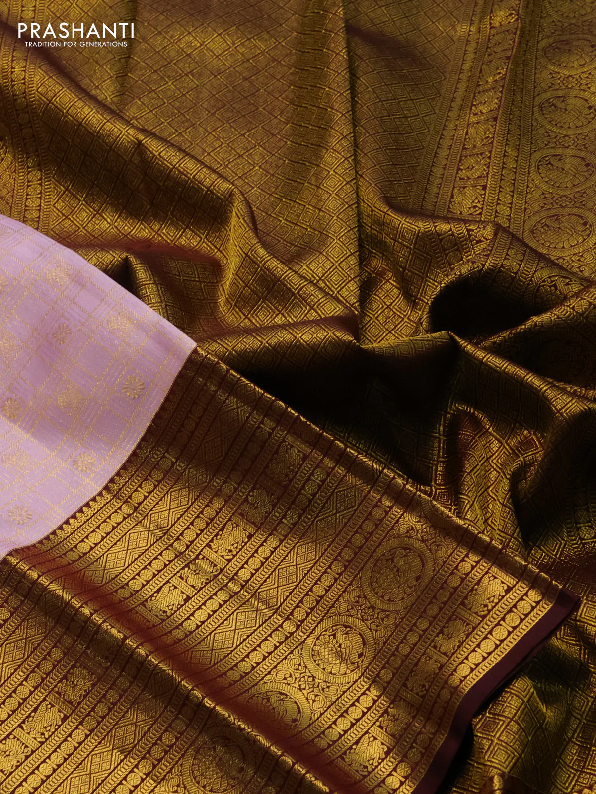 Pure kanchipuram silk saree pastel pink and brown with allover zari checks & buttas and long zari woven border - Image 3