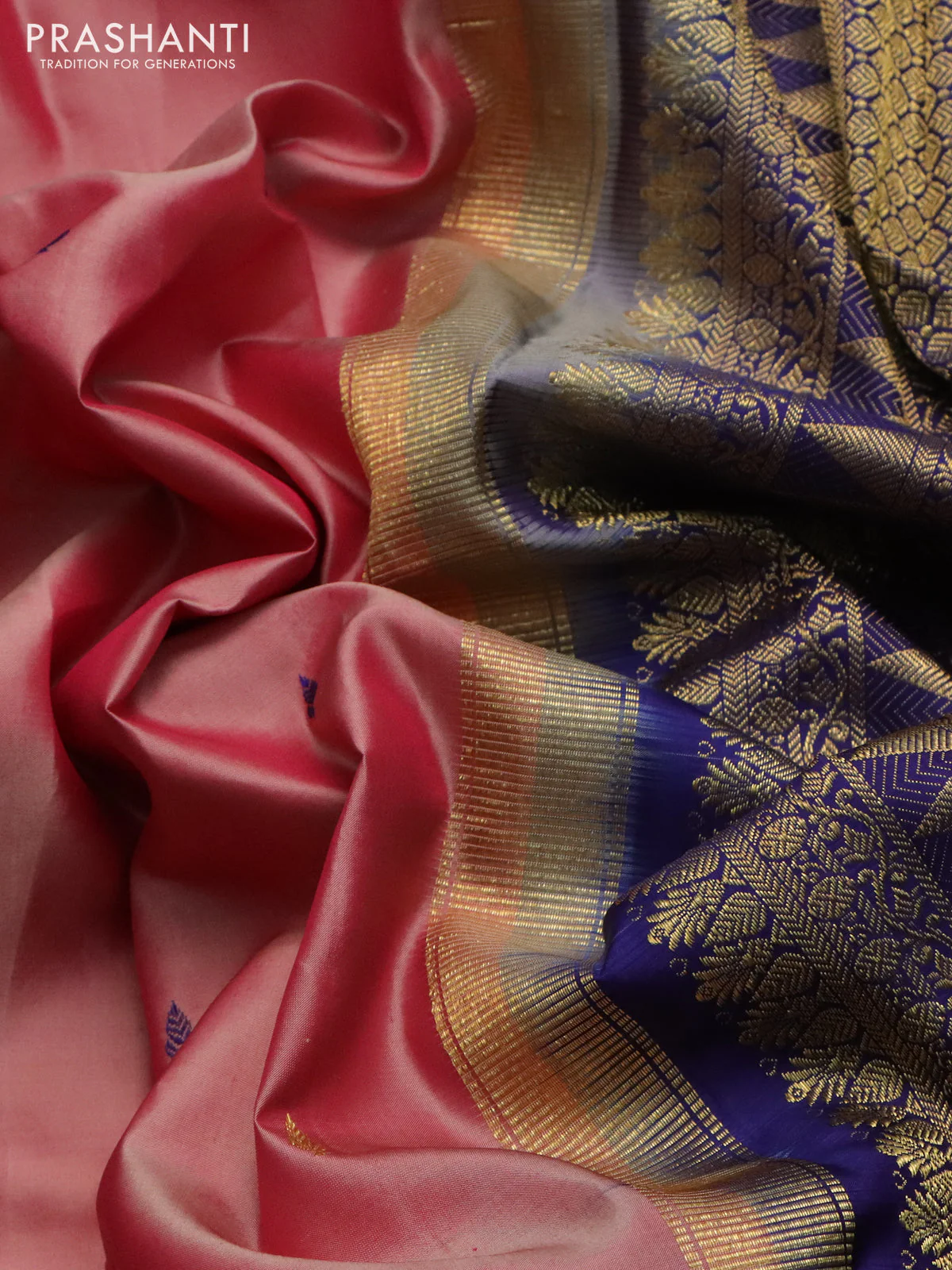 Pure kanchipuram silk saree pastel pink and dark blue with zari woven buttas and rettapet zari woven border - Image 3