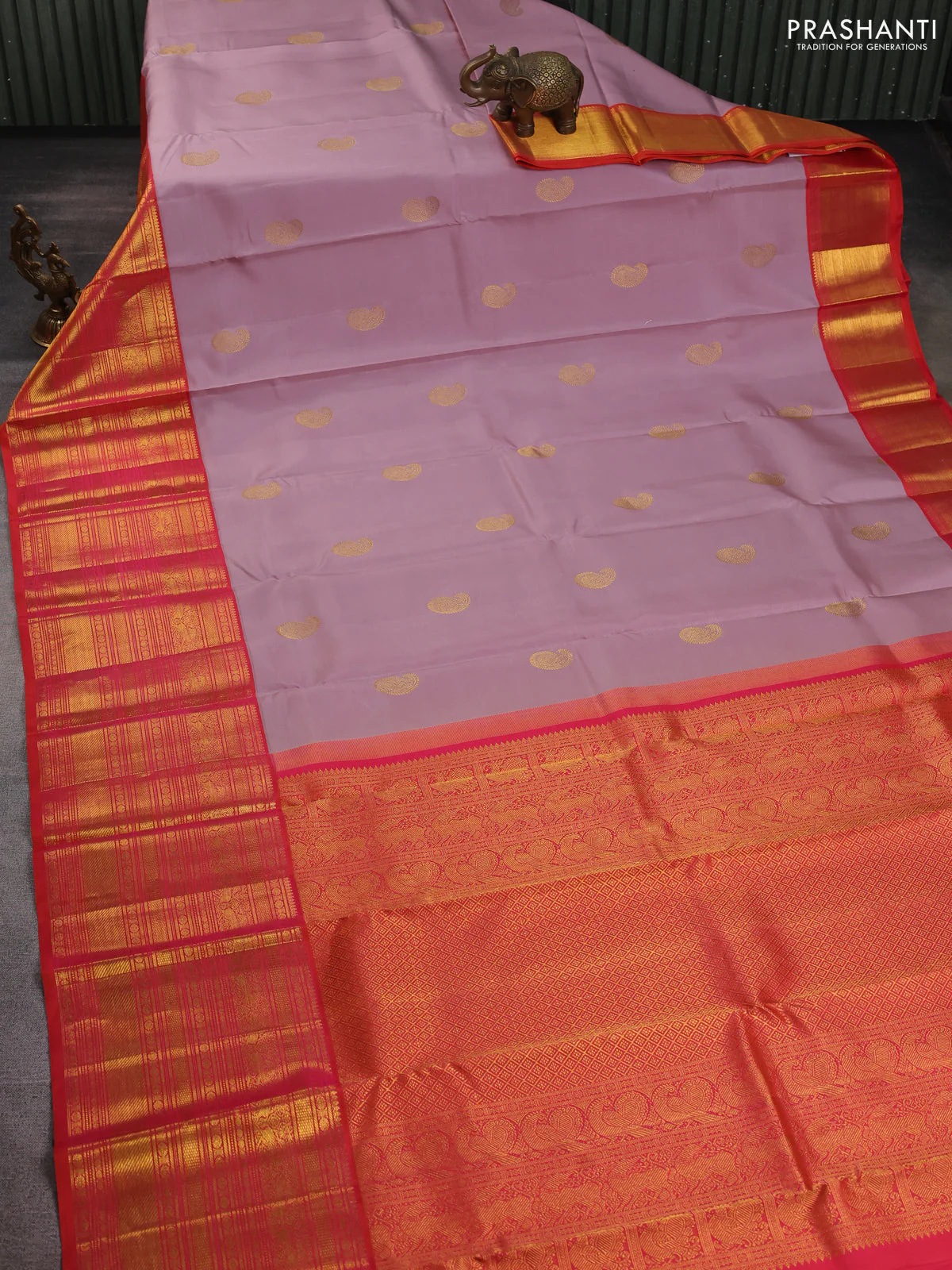 Pure kanchipuram silk saree pastel pink and dual shade of orange with paisley zari woen buttas and long rich zari woven border - Image 2