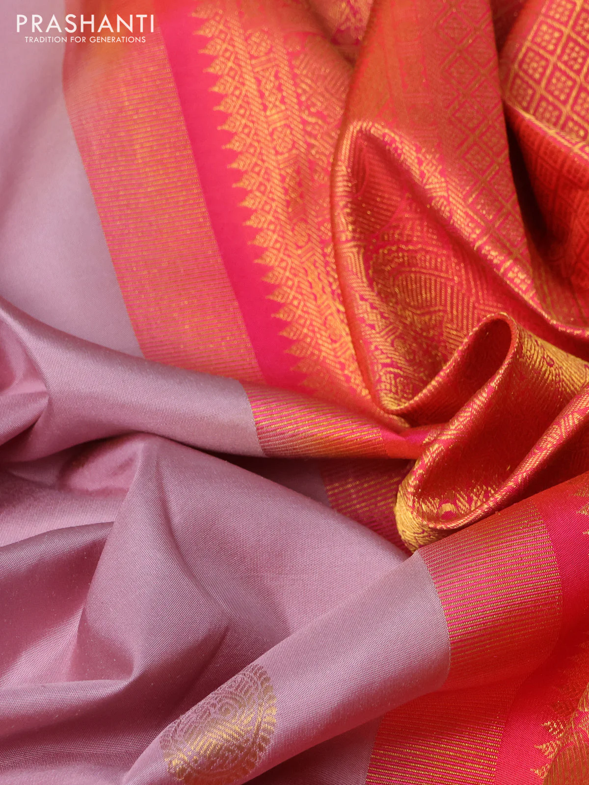 Pure kanchipuram silk saree pastel pink and dual shade of orange with paisley zari woen buttas and long rich zari woven border - Image 3