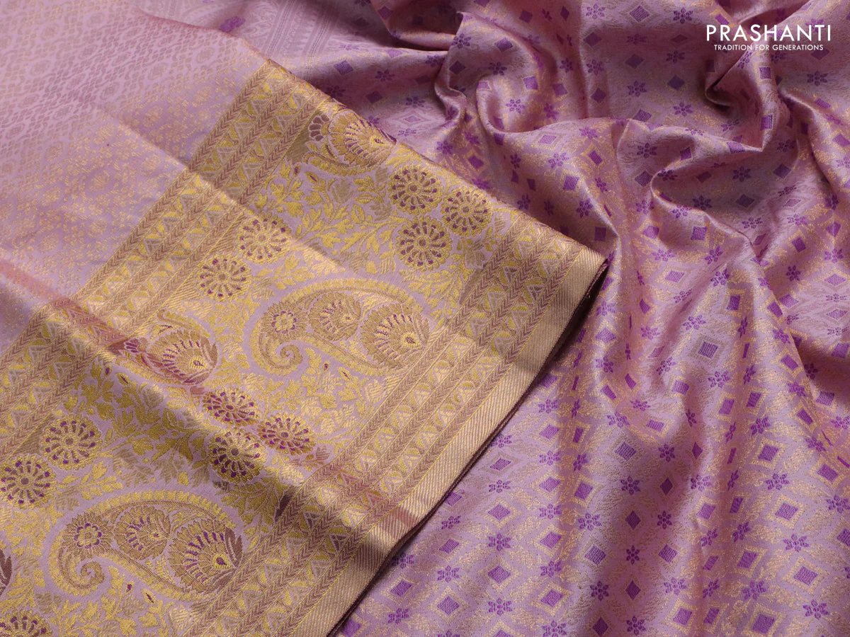 Pure kanchipuram silk saree pastel pink and purple with allover zari woven brocade weaves and zari woven mina border - Image 3