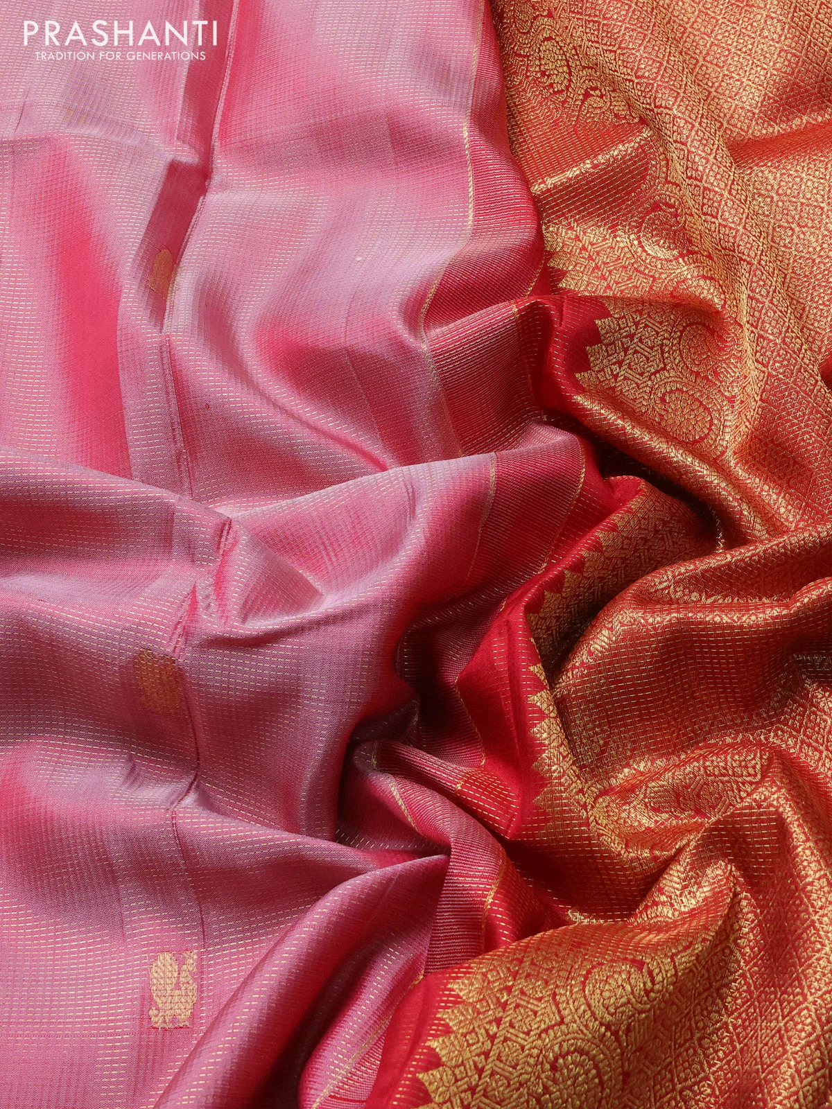 Pure kanchipuram silk saree pastel pink and red with allover zari weaves & buttas and rich zari woven border - Image 3