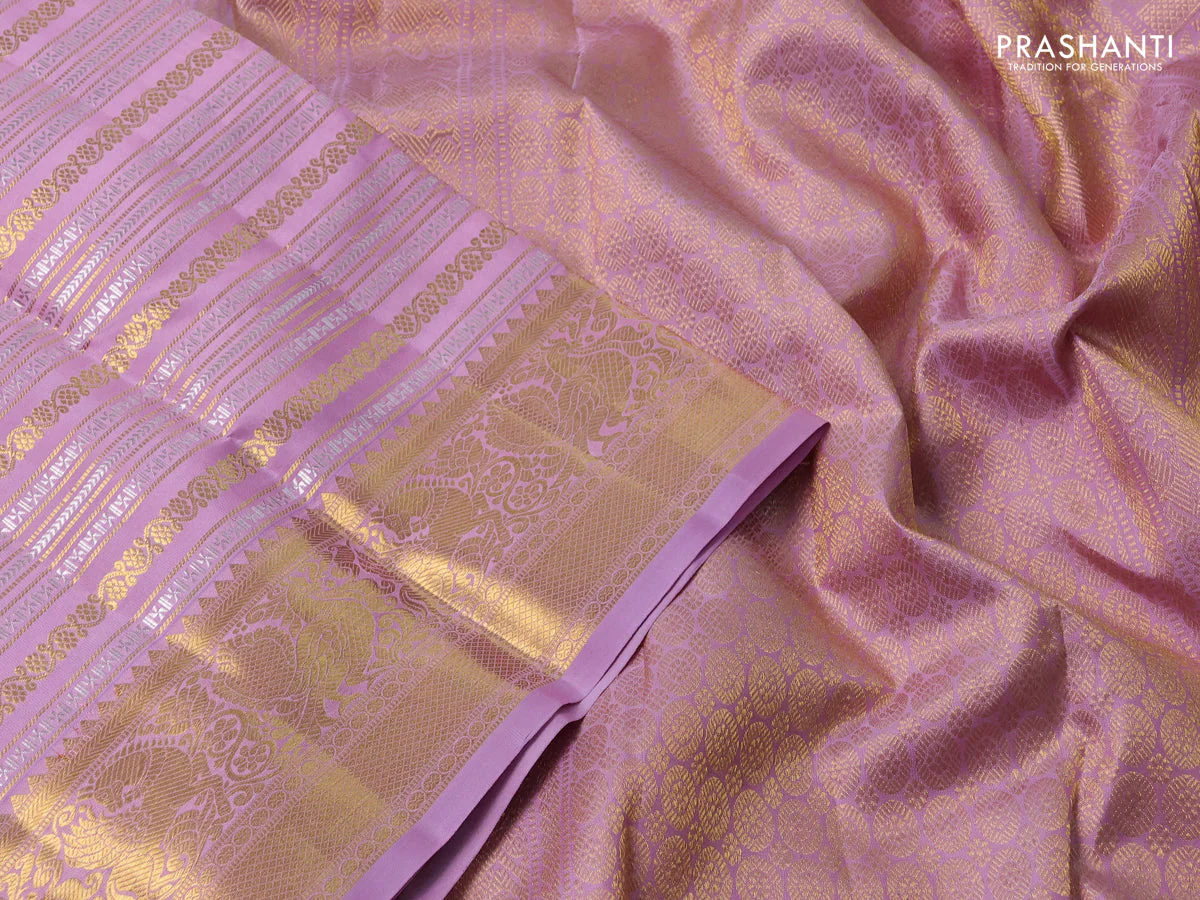 Pure kanchipuram silk saree pastel pink with allover veldhari zari weaves and rich zari woven border - Image 3