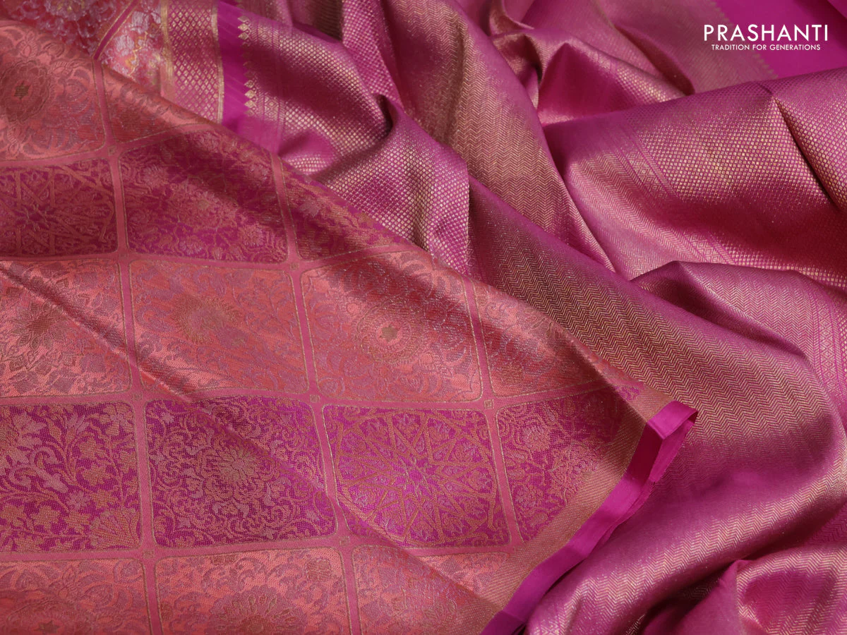 Pure kanchipuram silk saree peach and pink with allover zari woven brocade weaves and piping border - Image 3