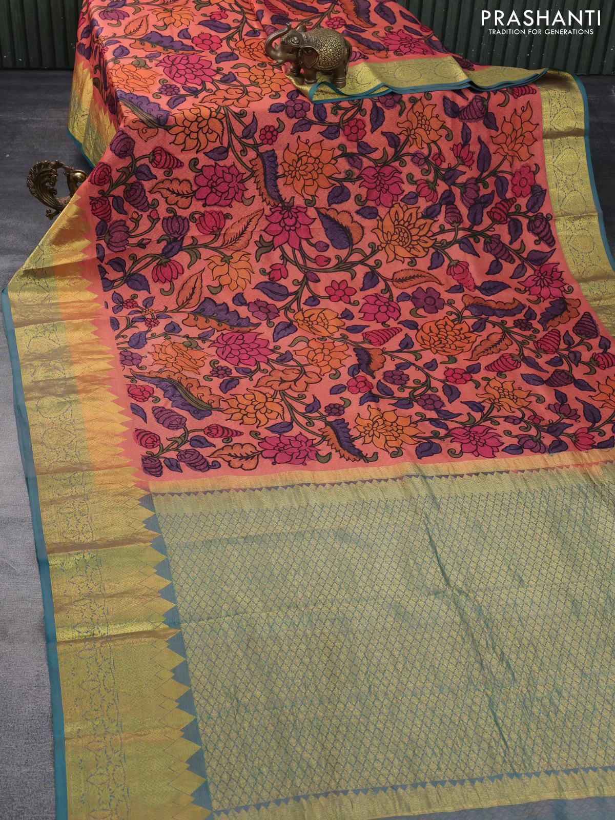 Pure kanchipuram silk saree peach orange and dual shade of teal green with self emboss & pen kalamkari prints and temple design zari woven border - Image 2