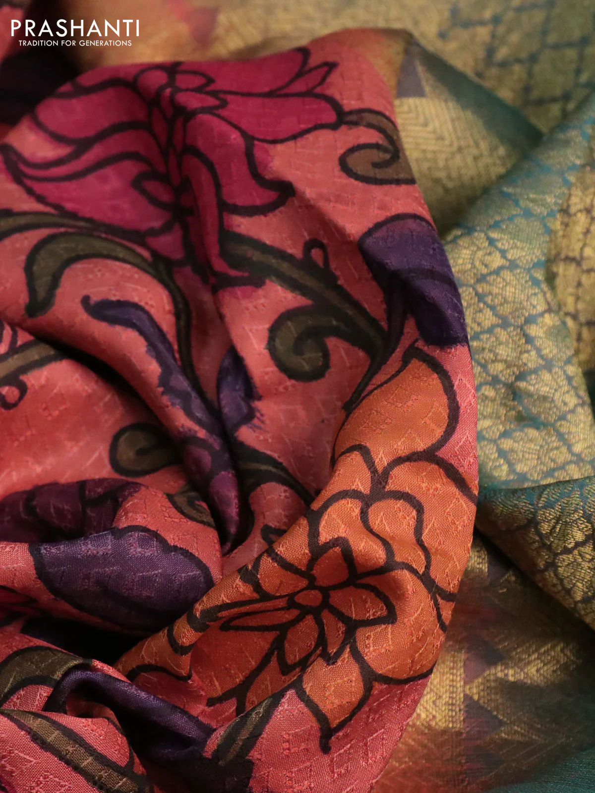Pure kanchipuram silk saree peach orange and dual shade of teal green with self emboss & pen kalamkari prints and temple design zari woven border - Image 3