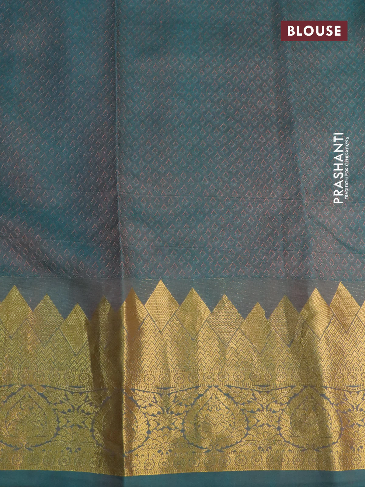 Pure kanchipuram silk saree peach orange and dual shade of teal green with self emboss & pen kalamkari prints and temple design zari woven border - Image 4