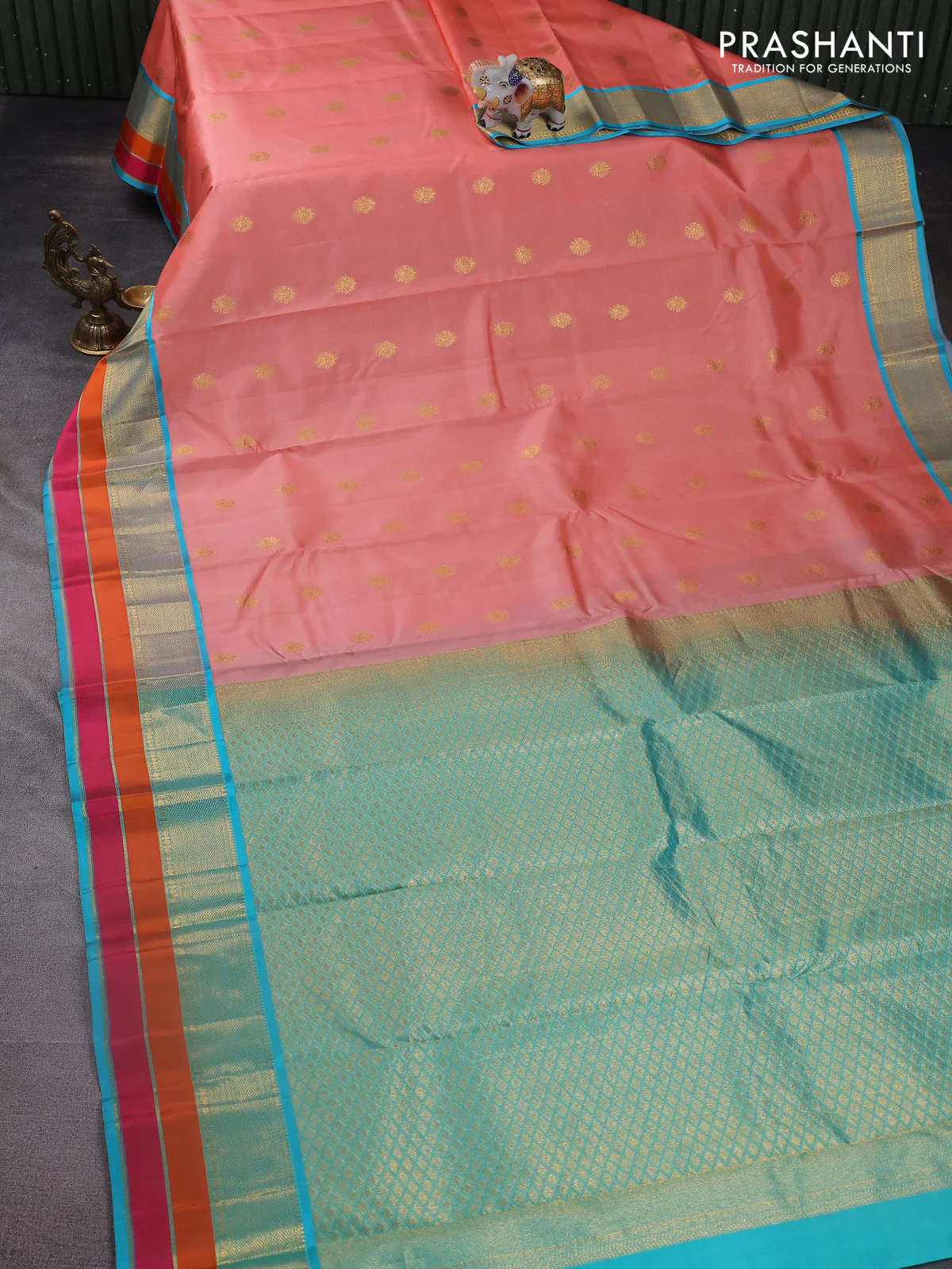 Pure kanchipuram silk saree peach orange and teal blue with zari woven buttas and zari woven border - Image 2
