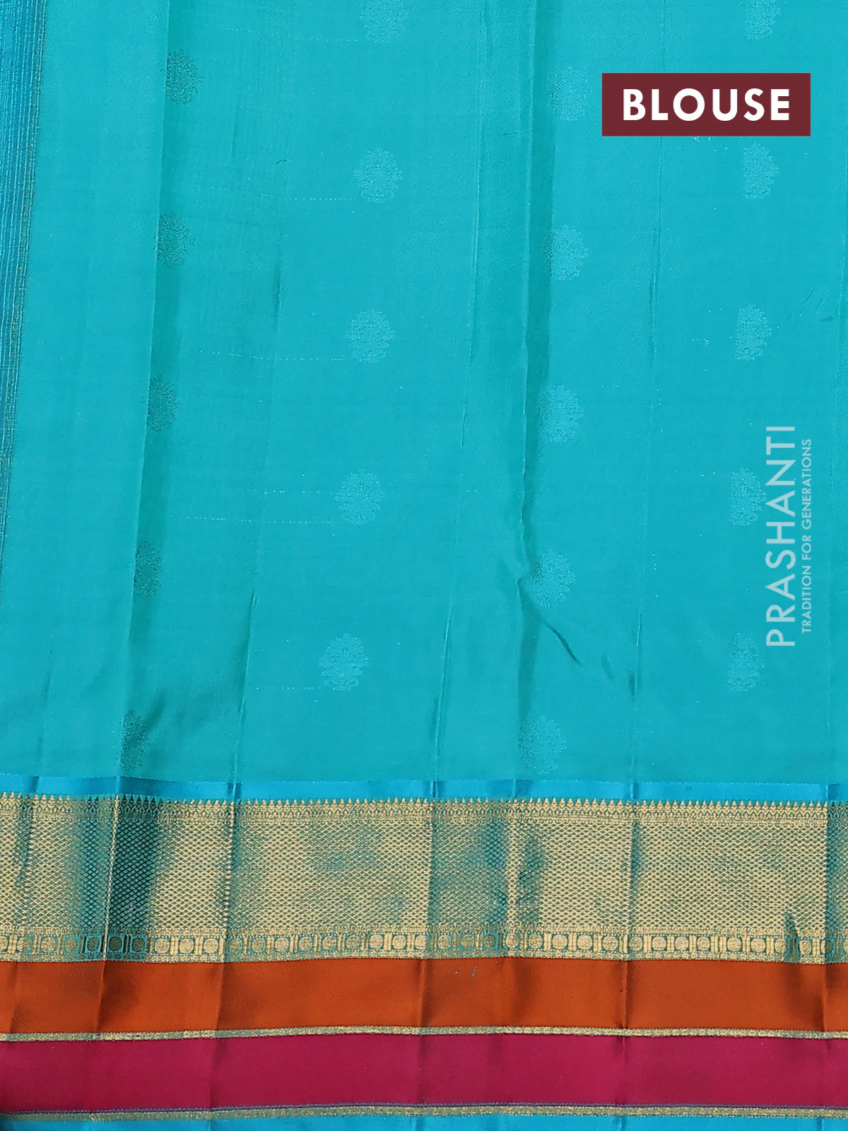 Pure kanchipuram silk saree peach orange and teal blue with zari woven buttas and zari woven border - Image 3