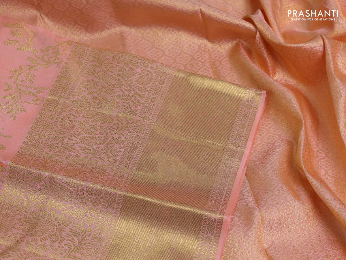 Pure kanchipuram silk saree peach orange with allover zari woven leheriya weaves and long rich zari woven border - Image 3