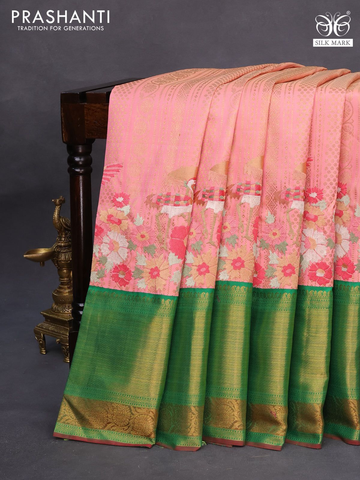 Pure kanchipuram silk saree peach pink and green with allover zari weaves and embroidery work long zari border