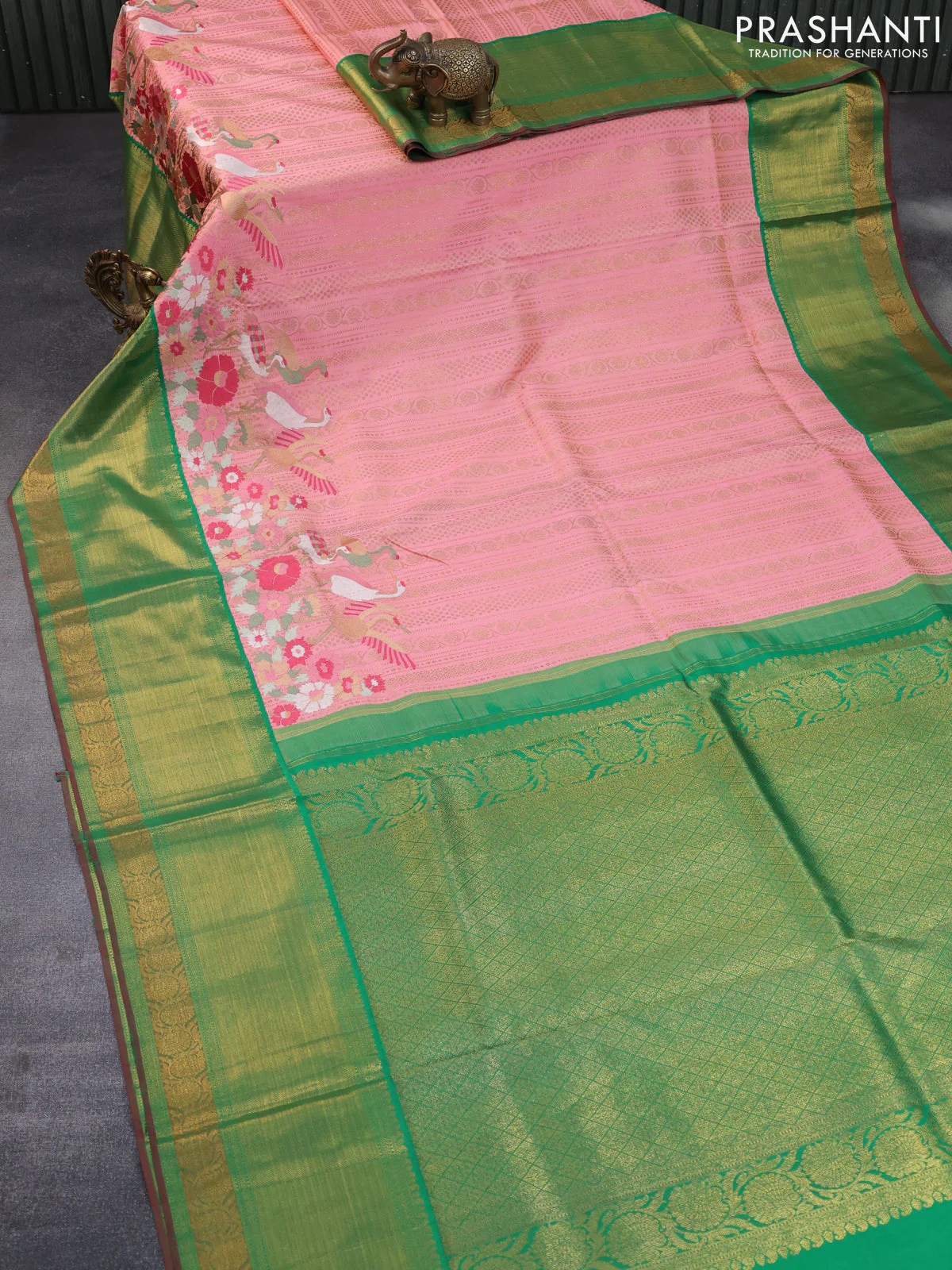 Pure kanchipuram silk saree peach pink and green with allover zari weaves and embroidery work long zari border - Image 2